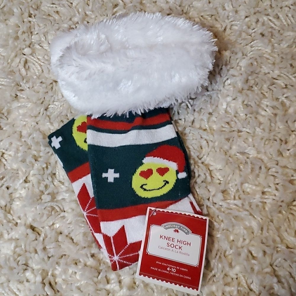 HOLIDAY TIME Emoji Knee High Holiday Socks with Fuzzy Trim